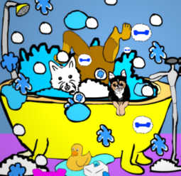 Three dogs in a tub